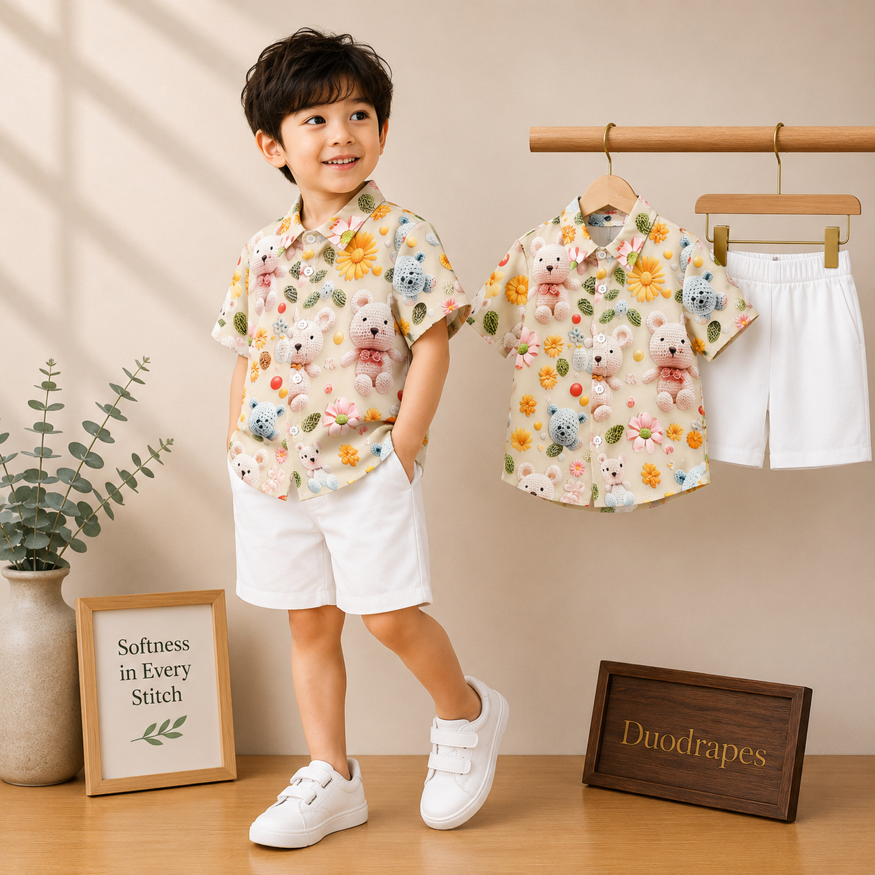 Cream Teddy Bear Shirt & White Shorts Set for Boys