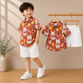 Rust Orange Teddy Bear Shirt & White Shorts Set for Boys