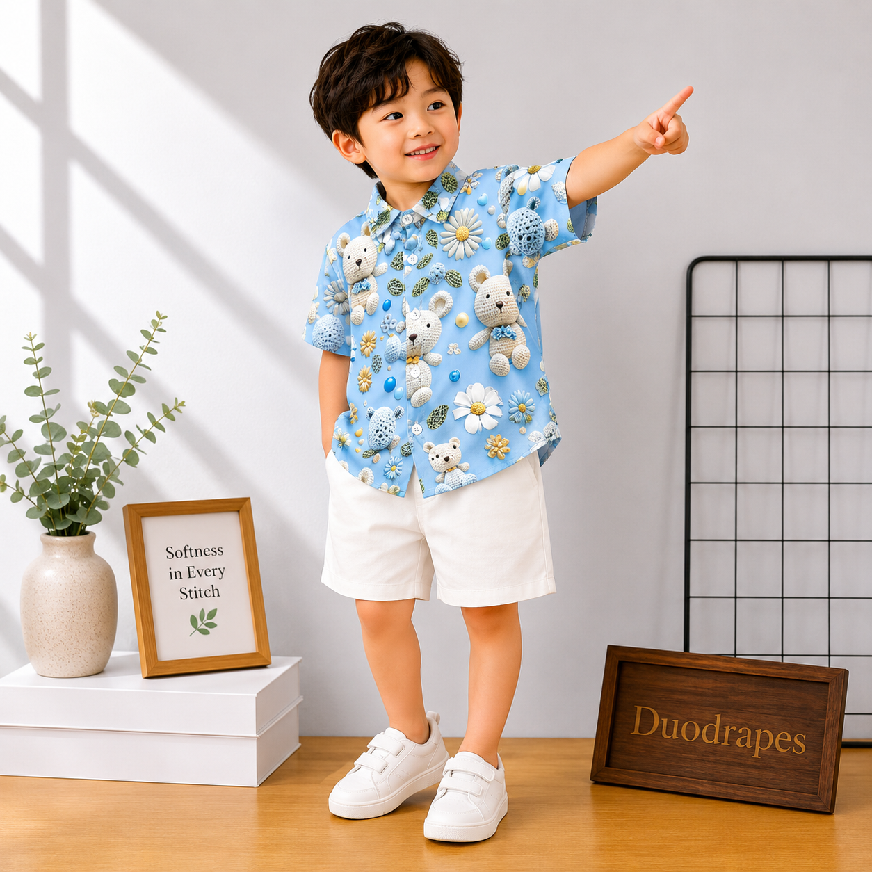 Sky Blue Teddy Bear Shirt & White Shorts Set for Boys