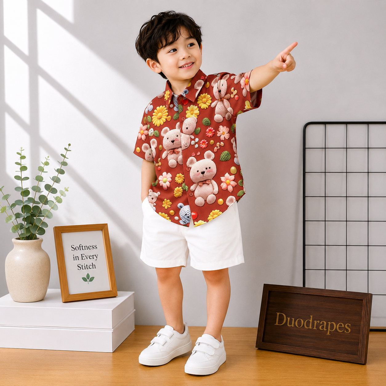 Rust Orange Teddy Bear Shirt & White Shorts Set for Boys