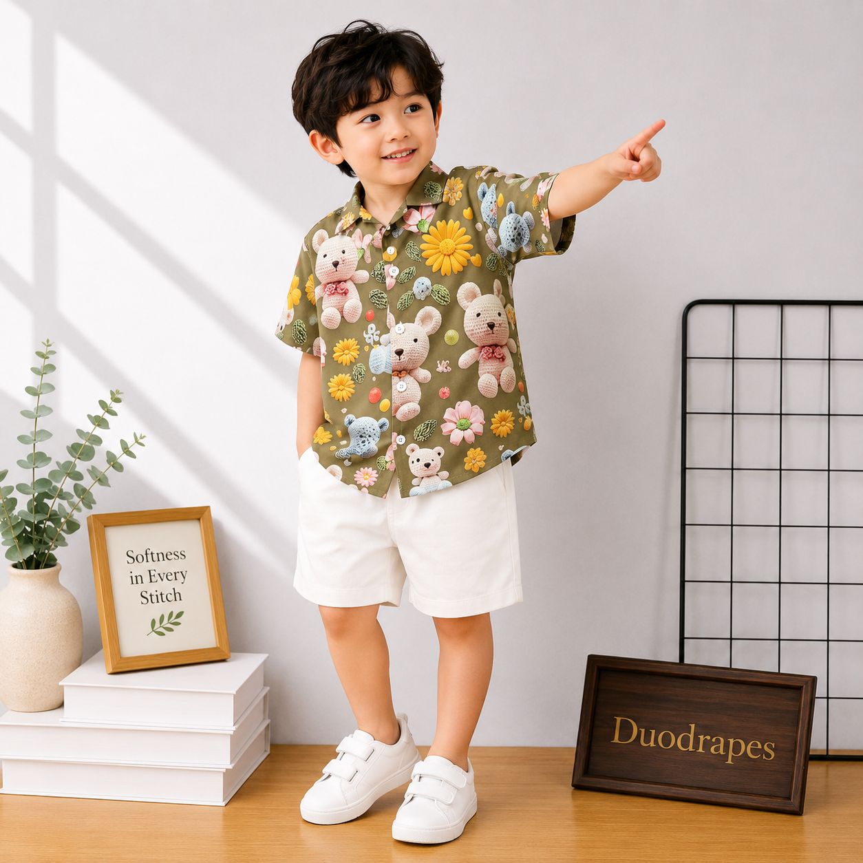 Olive Green Teddy Bear Shirt & White Shorts Set for Boys