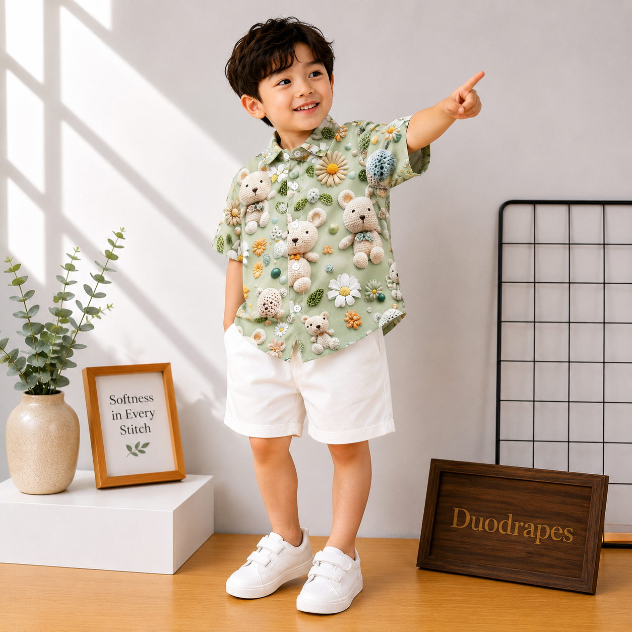 Pista Green Teddy Bear Shirt & White Shorts Set for Boys