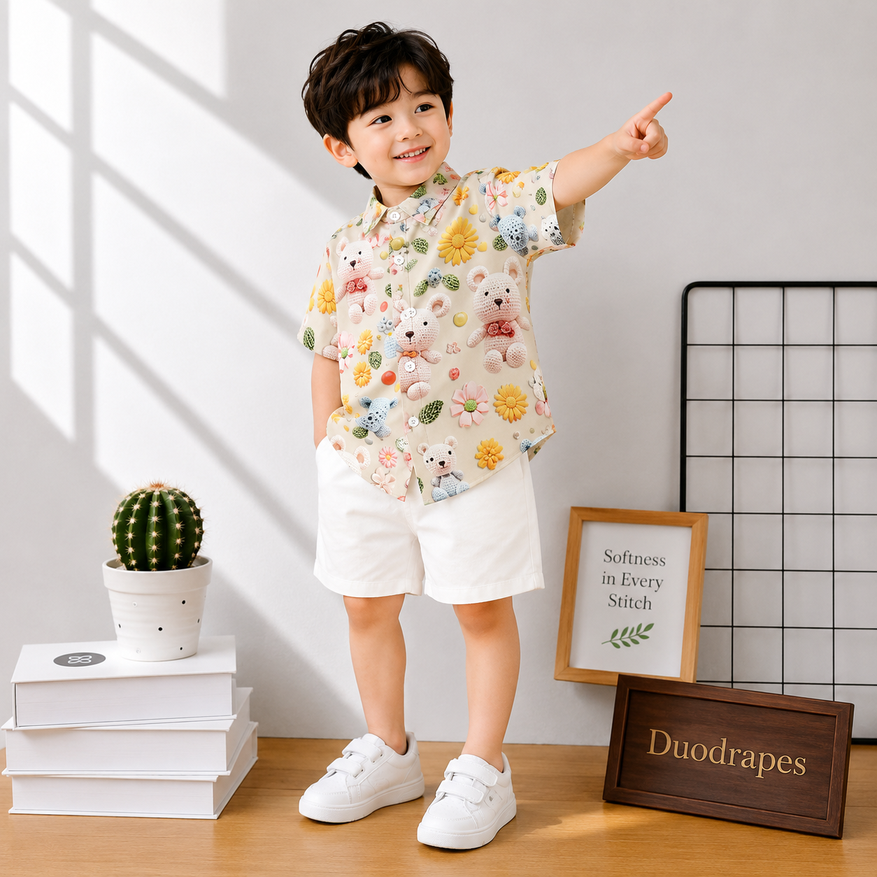 Cream Teddy Bear Shirt & White Shorts Set for Boys