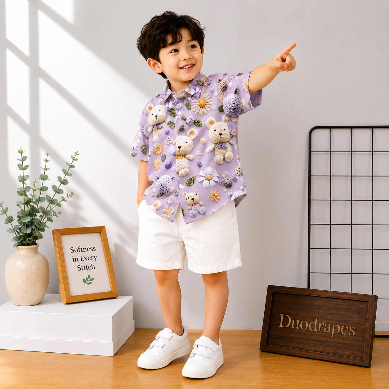 Lavender Teddy Bear Shirt & White Shorts Set for Boys