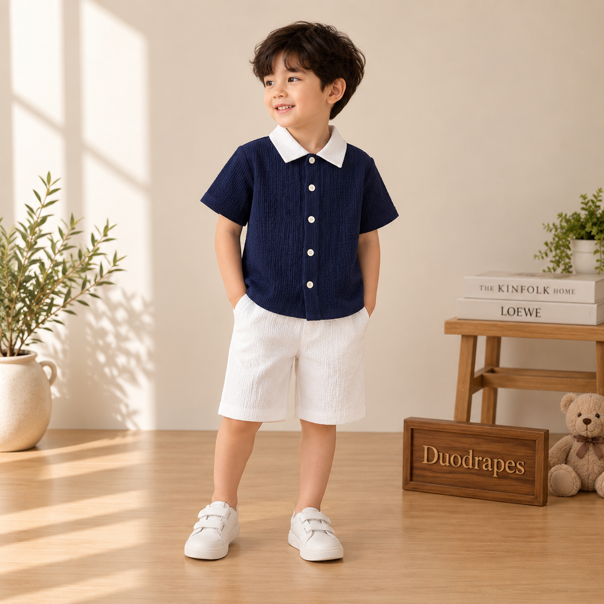 Navy Blue White Collar Shirt & White Shorts Set for Boys