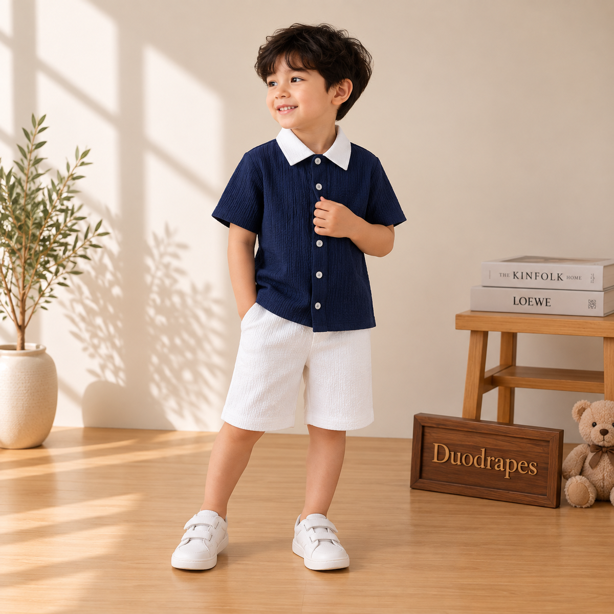 Navy Blue White Collar Shirt & White Shorts Set for Boys