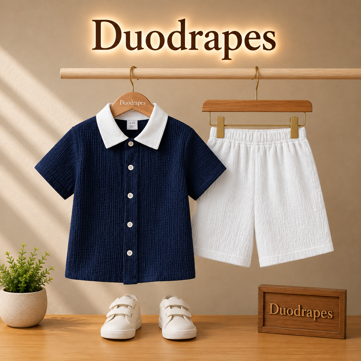 Navy Blue White Collar Shirt & White Shorts Set for Boys