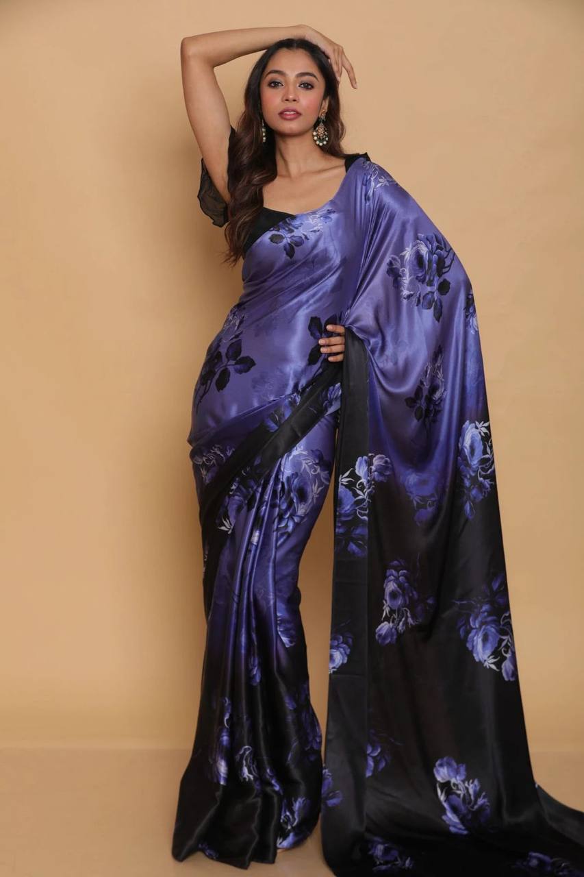 Blue Floral Designs Heavy Satin Sarees With Plain Blouse