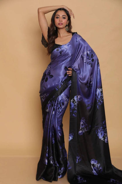 Blue Floral Designs Heavy Satin Sarees With Plain Blouse