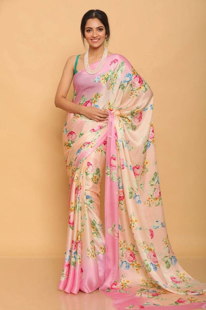 Baby Pink Floral Designs Heavy Satin Sarees With Plain Blouse