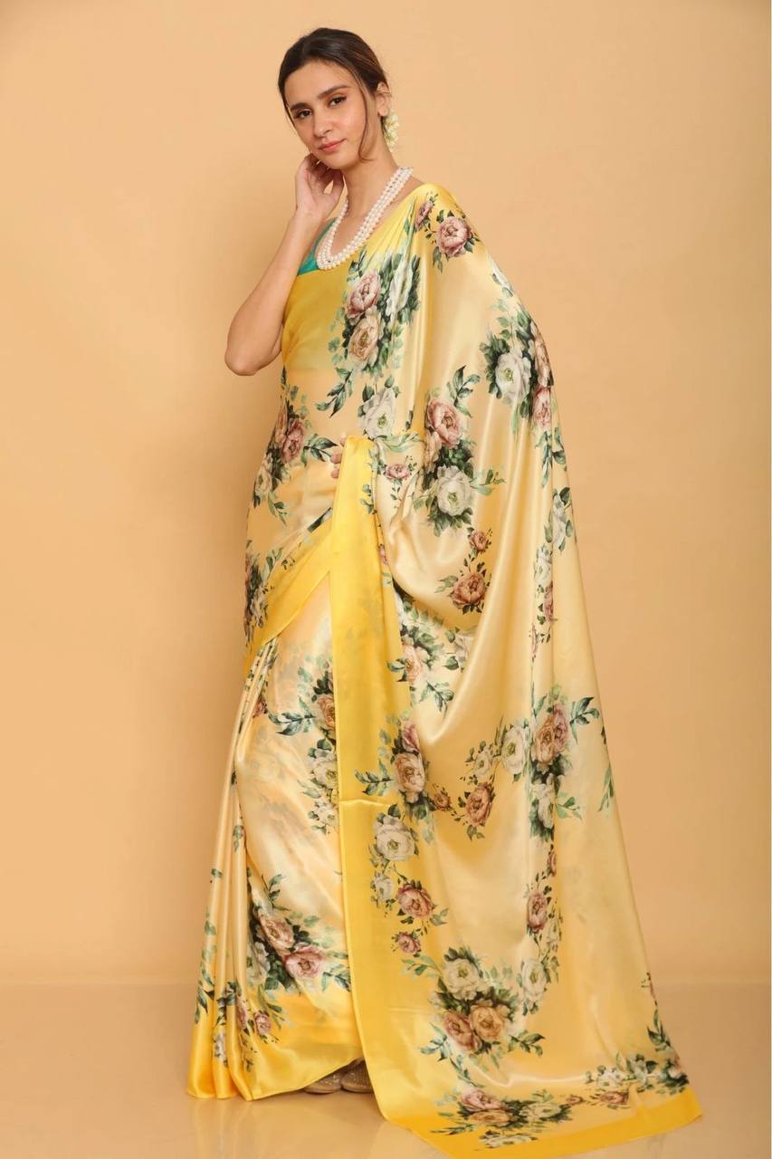 Yellow Floral Designs Heavy Satin Sarees With Plain Blouse