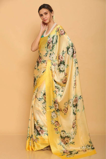 Yellow Floral Designs Heavy Satin Sarees With Plain Blouse