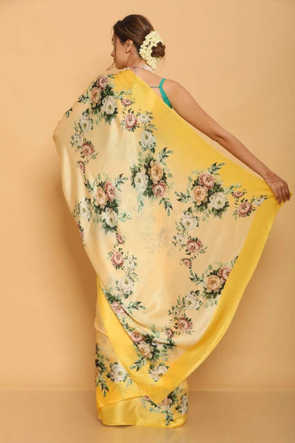 Yellow Floral Designs Heavy Satin Sarees With Plain Blouse
