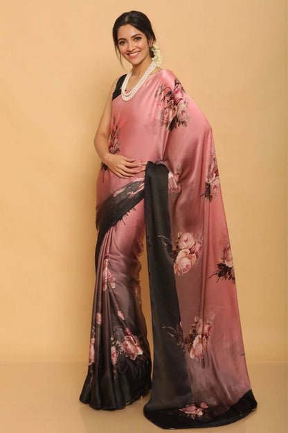 Pink Floral Designs Heavy Satin Sarees With Plain Blouse