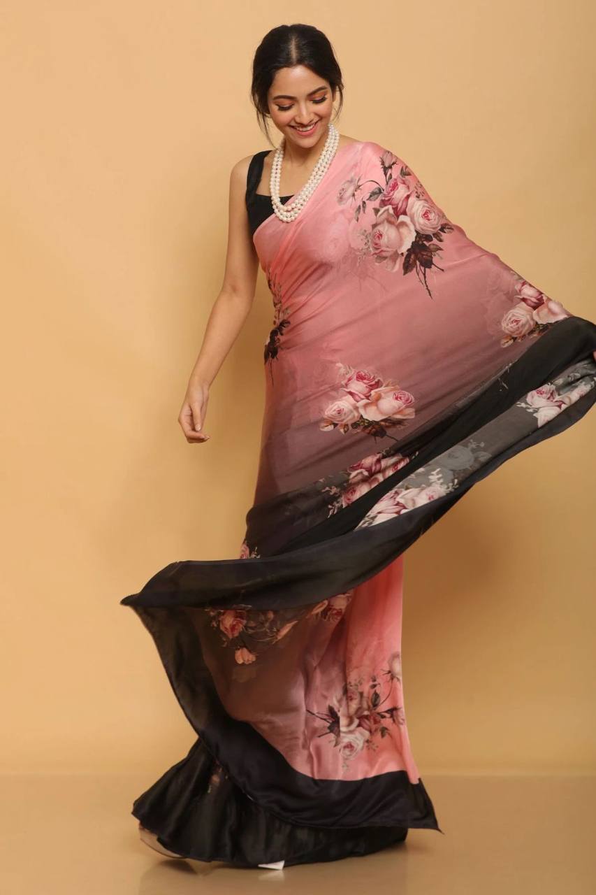Pink Floral Designs Heavy Satin Sarees With Plain Blouse