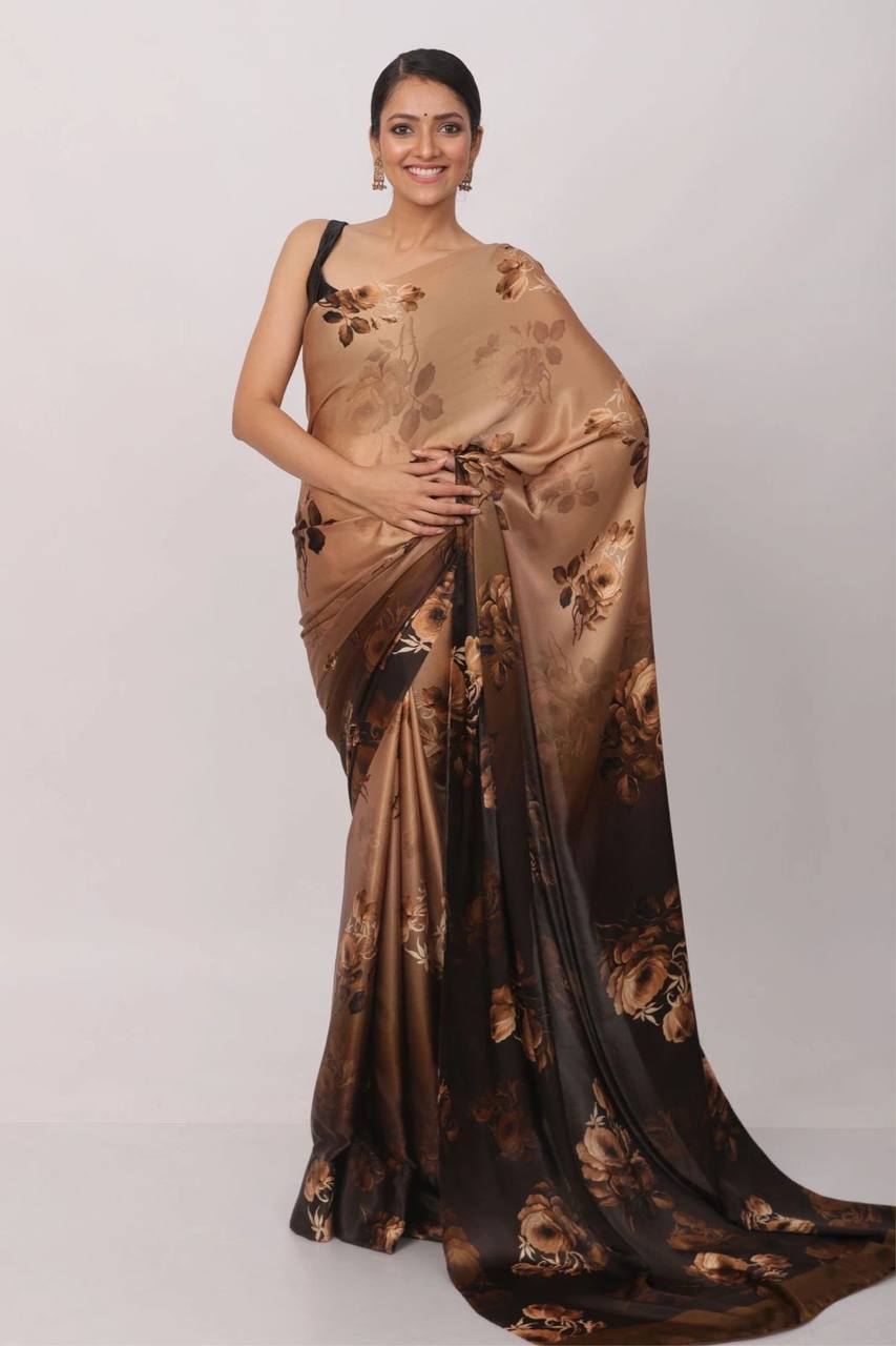 Coffee Floral Designs Heavy Satin Sarees With Plain Blouse