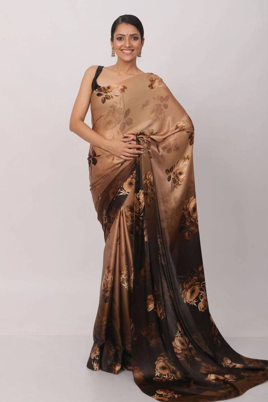 Coffee Floral Designs Heavy Satin Sarees With Plain Blouse