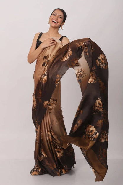 Coffee Floral Designs Heavy Satin Sarees With Plain Blouse