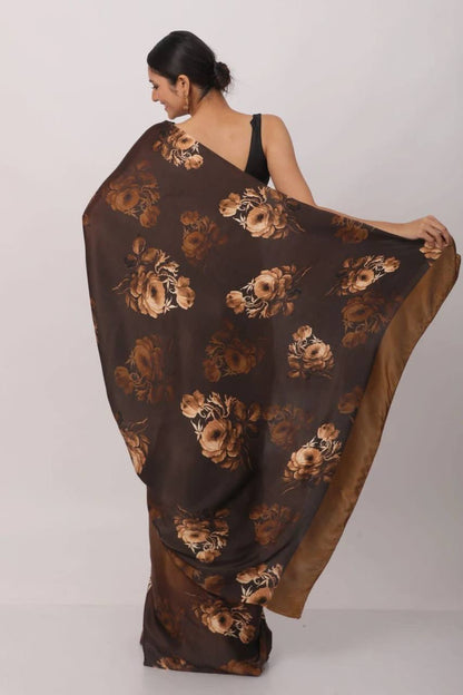 Coffee Floral Designs Heavy Satin Sarees With Plain Blouse