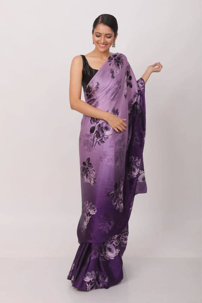 Purple Floral Designs Heavy Satin Sarees With Plain Blouse
