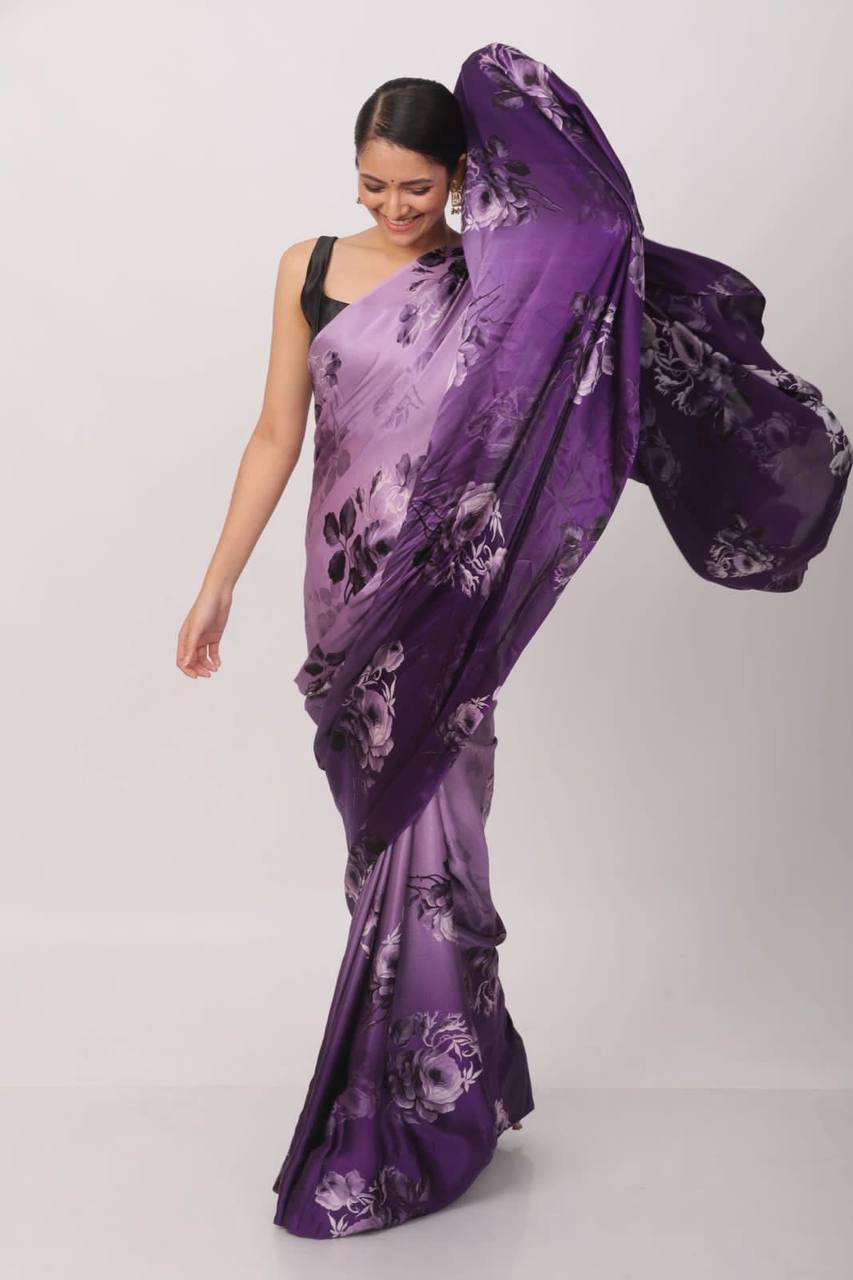 Purple Floral Designs Heavy Satin Sarees With Plain Blouse