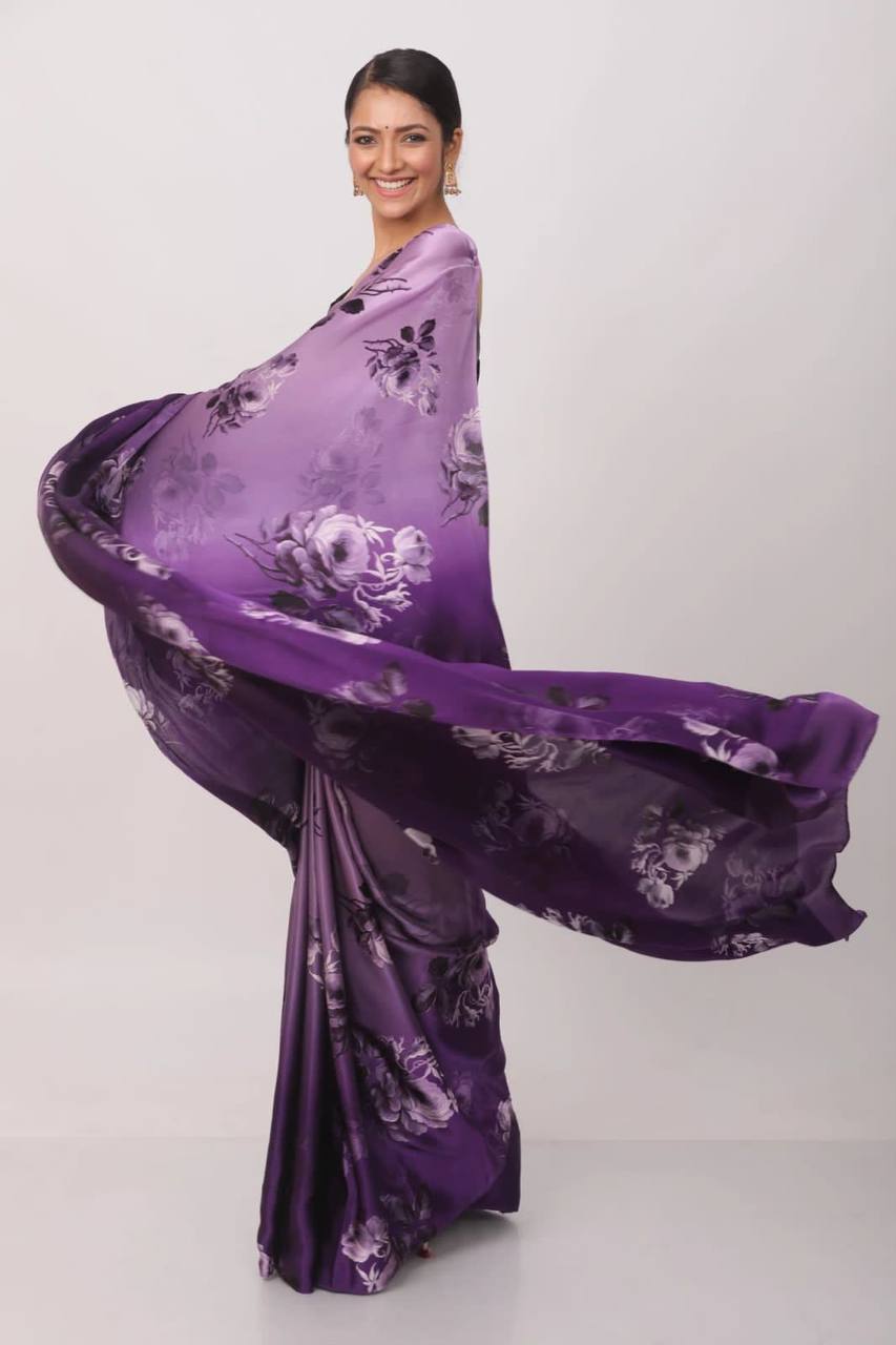 Purple Floral Designs Heavy Satin Sarees With Plain Blouse