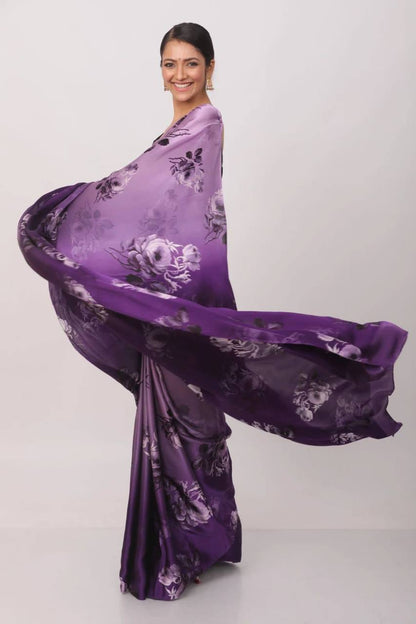 Purple Floral Designs Heavy Satin Sarees With Plain Blouse