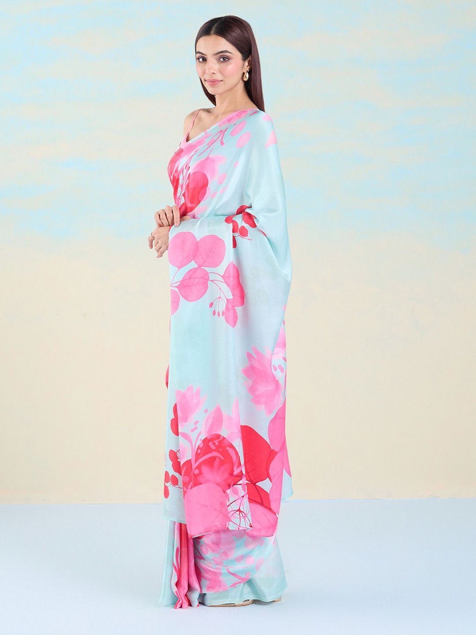 Floral Designs Heavy Satin Sarees With Plain Blouse