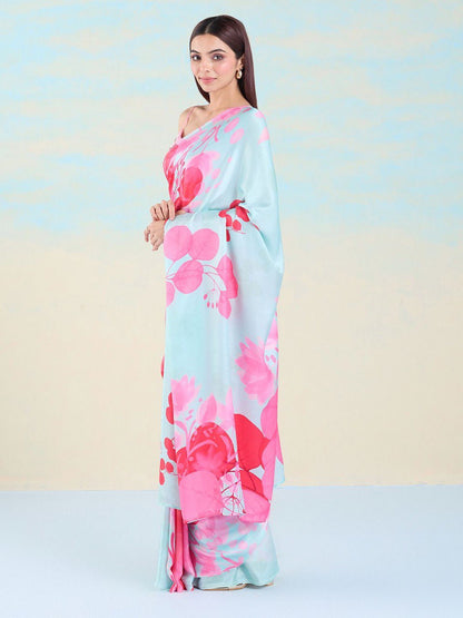 Floral Designs Heavy Satin Sarees With Plain Blouse