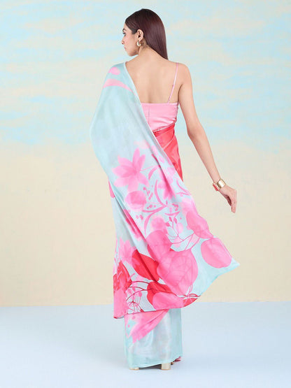 Floral Designs Heavy Satin Sarees With Plain Blouse