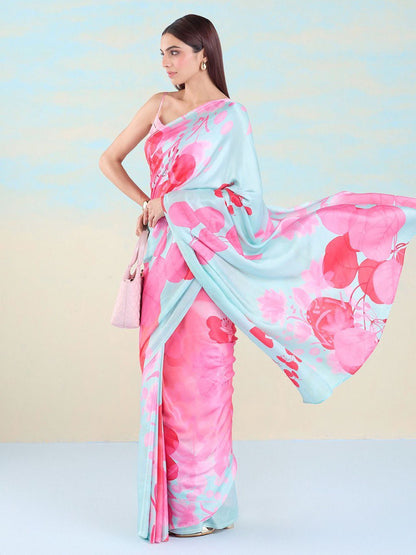 Floral Designs Heavy Satin Sarees With Plain Blouse
