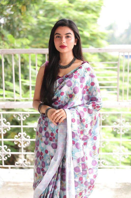 Purple And White Floral Designs Heavy Satin Sarees With Plain Blouse