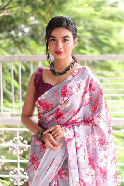 White And Pink Floral Designs Heavy Satin Sarees With Plain Blouse