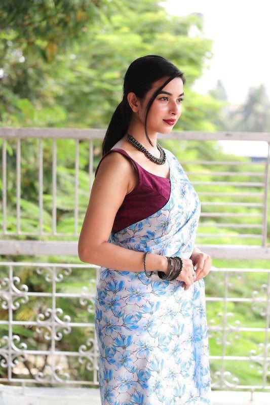 White And Sky Floral Designs Heavy Satin Sarees With Plain Blouse