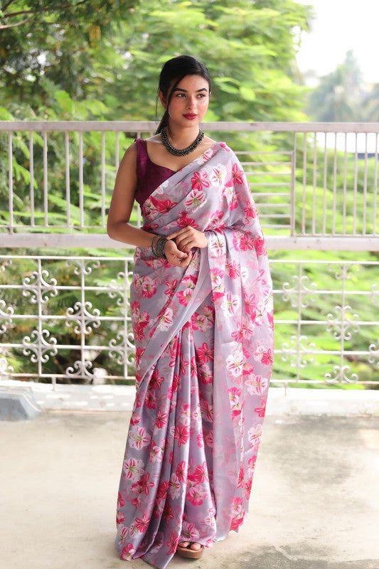 White And Pink Floral Designs Heavy Satin Sarees With Plain Blouse