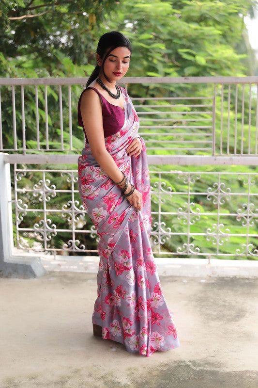 White And Pink Floral Designs Heavy Satin Sarees With Plain Blouse