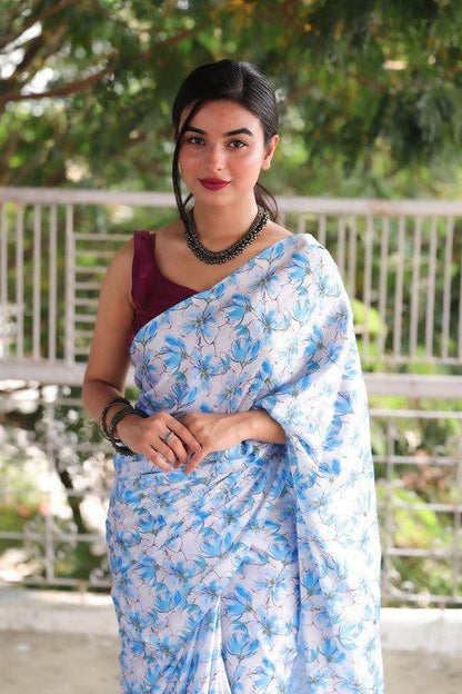 White And Sky Floral Designs Heavy Satin Sarees With Plain Blouse