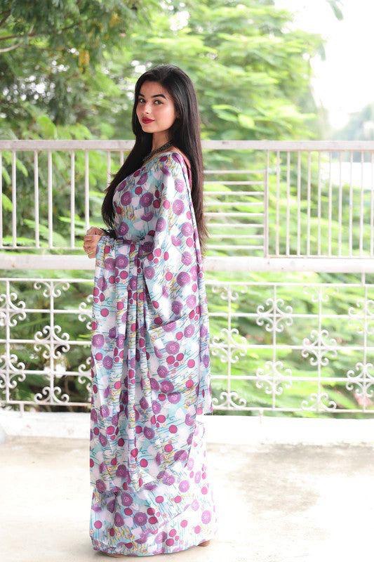 Purple And White Floral Designs Heavy Satin Sarees With Plain Blouse