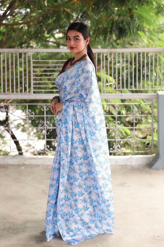 White And Sky Floral Designs Heavy Satin Sarees With Plain Blouse