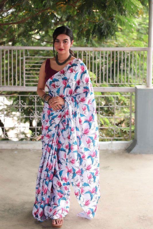 Purple And Pink Floral Designs Heavy Satin Sarees With Plain Blouse