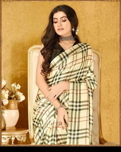 Chex prints Pure Japan Satin Sarees With Plain Blouse