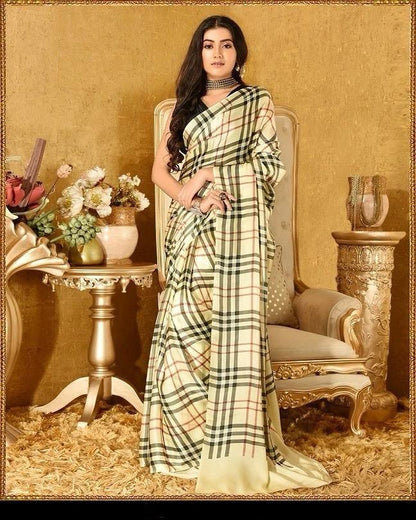 Chex prints Pure Japan Satin Sarees With Plain Blouse