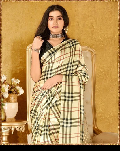 Chex prints Pure Japan Satin Sarees With Plain Blouse