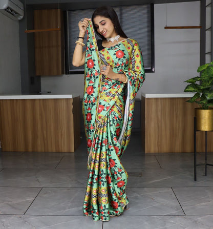 Pure Japan Satin Floral Prints Sarees With Pearl Lace