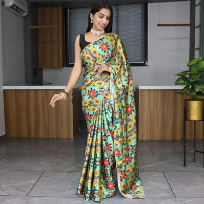 Pure Japan Satin Floral Prints Sarees With Pearl Lace