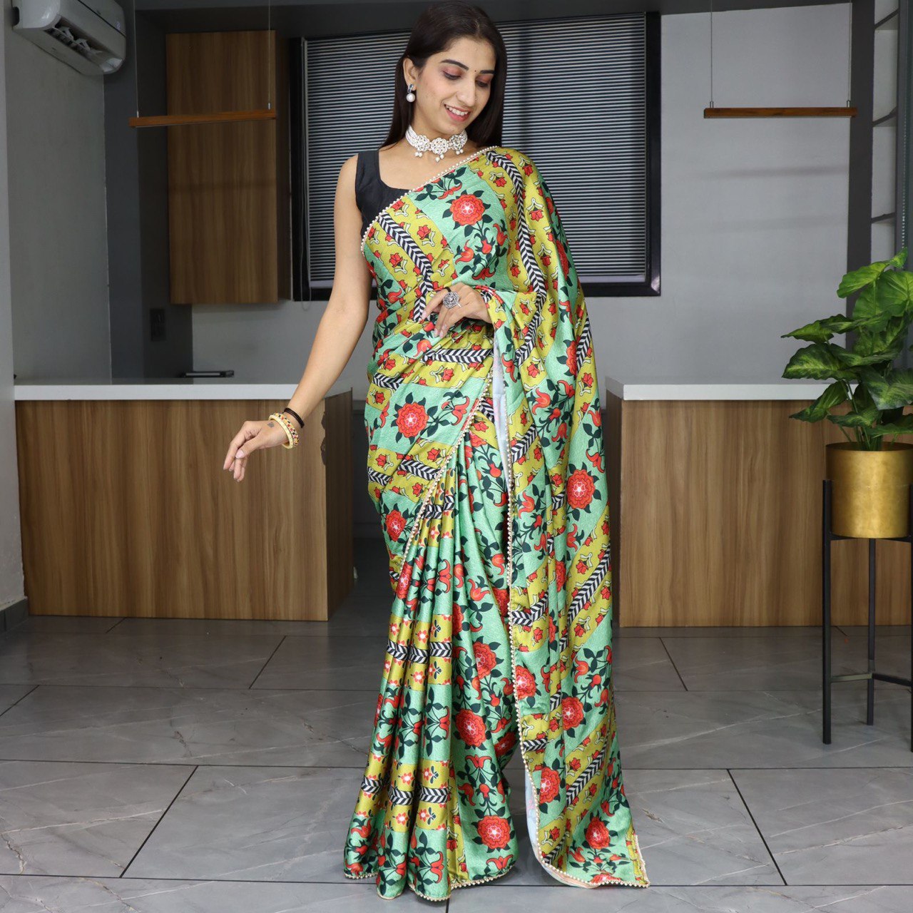 Chex prints Pure Japan Satin Sarees With Plain Blouse