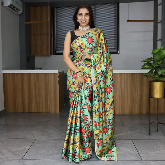 Pure Japan Satin Floral Prints Sarees With Pearl Lace