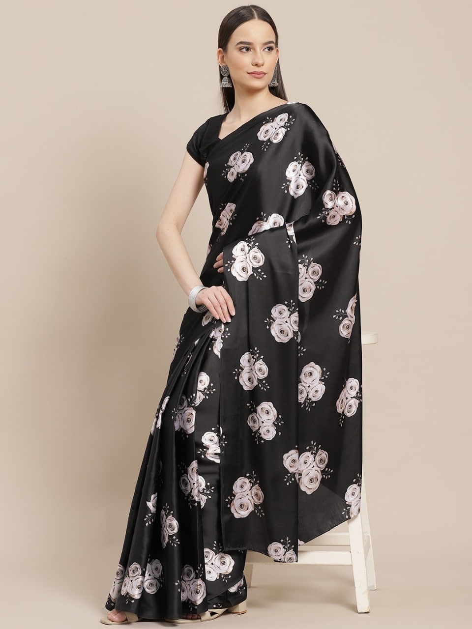 Black Floral Design of Satin Saree