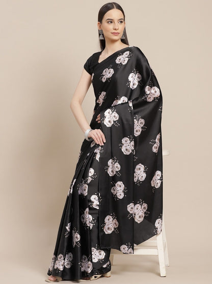 Black Floral Design of Satin Saree