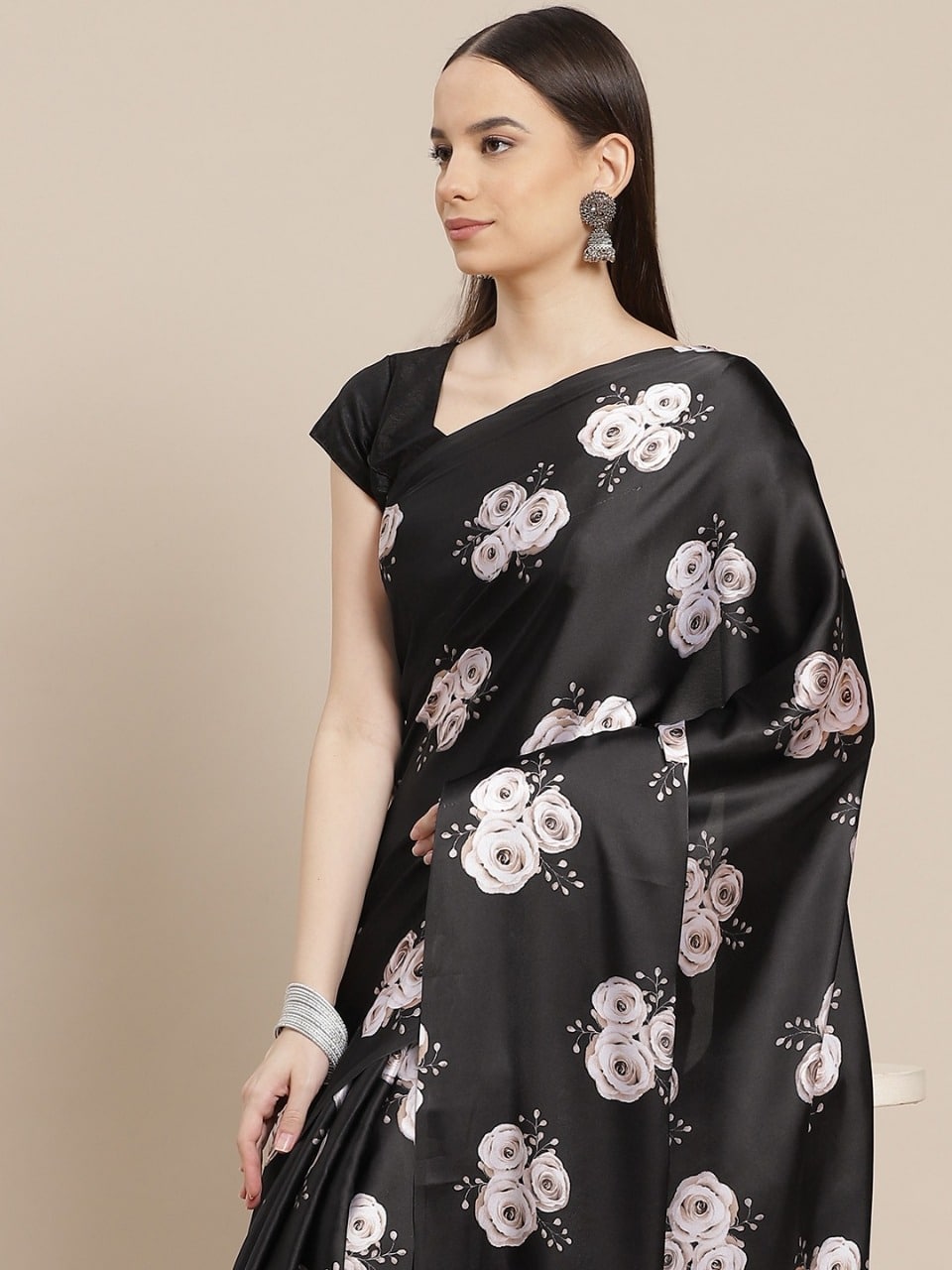 Black Floral Design of Satin Saree